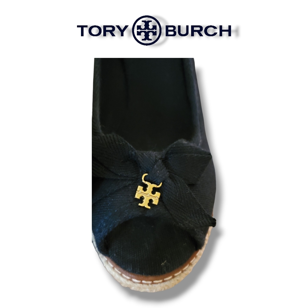 Tory Burch Black Canvas Jackie Espadrille Wedge Peep Toe Pumps Women's Size 8 - Picture 9 of 12